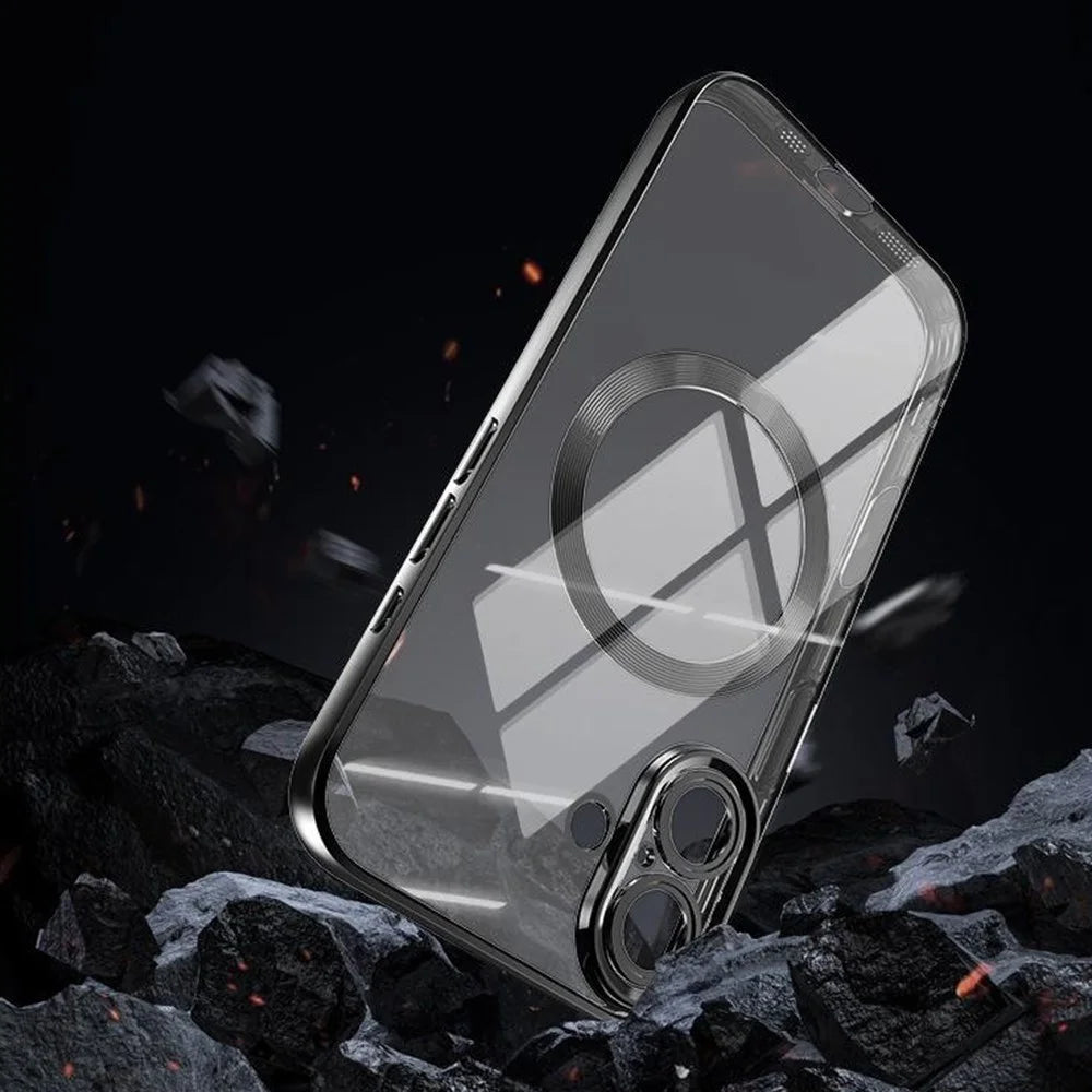 For iPhone 16 Plus Case Electroplating Anti-Drop TPU Clear Phone Cover with Lens Film Compatible with MagSafe - Black - 5