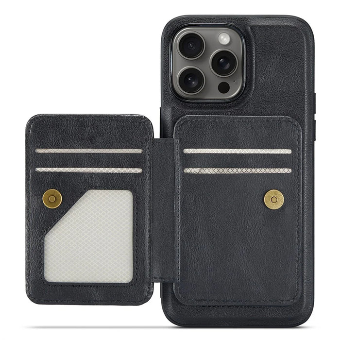 FIERRE SHANN 028 For iPhone 16 Pro Max Case Magnetic Detachable Card Slots Leather Back Cover - Black - 3
