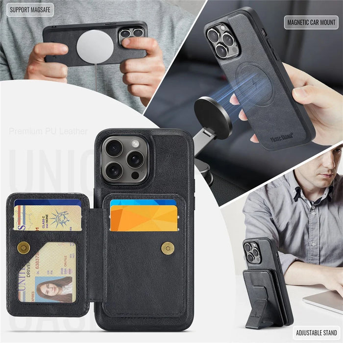 FIERRE SHANN 028 For iPhone 16 Pro Max Case Magnetic Detachable Card Slots Leather Back Cover - Black - 7