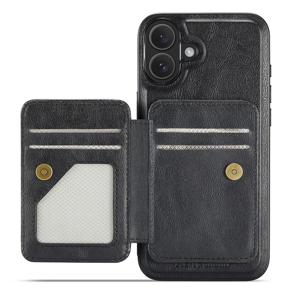 FIERRE SHANN 028 For iPhone 16 Plus Case Magnetic Detachable Card Slots Leather Back Cover - Black - 3