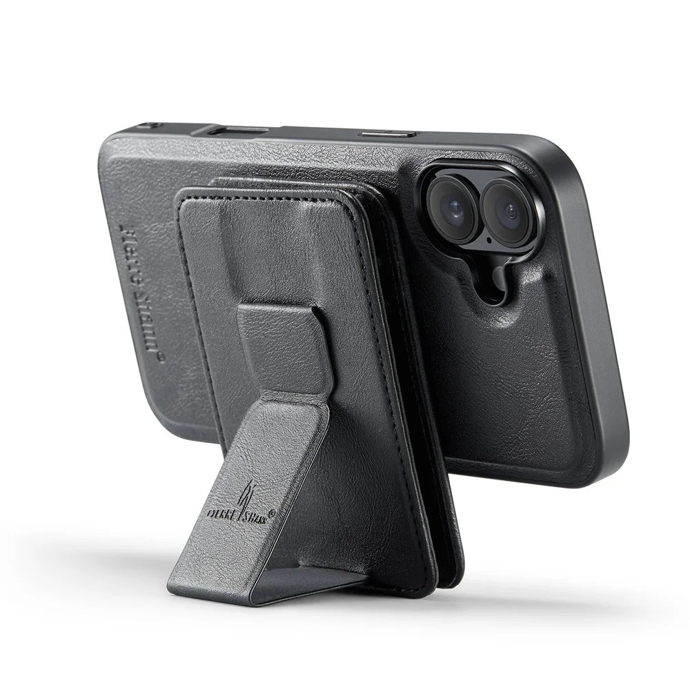 FIERRE SHANN 028 For iPhone 16 Plus Case Magnetic Detachable Card Slots Leather Back Cover - Black - 4