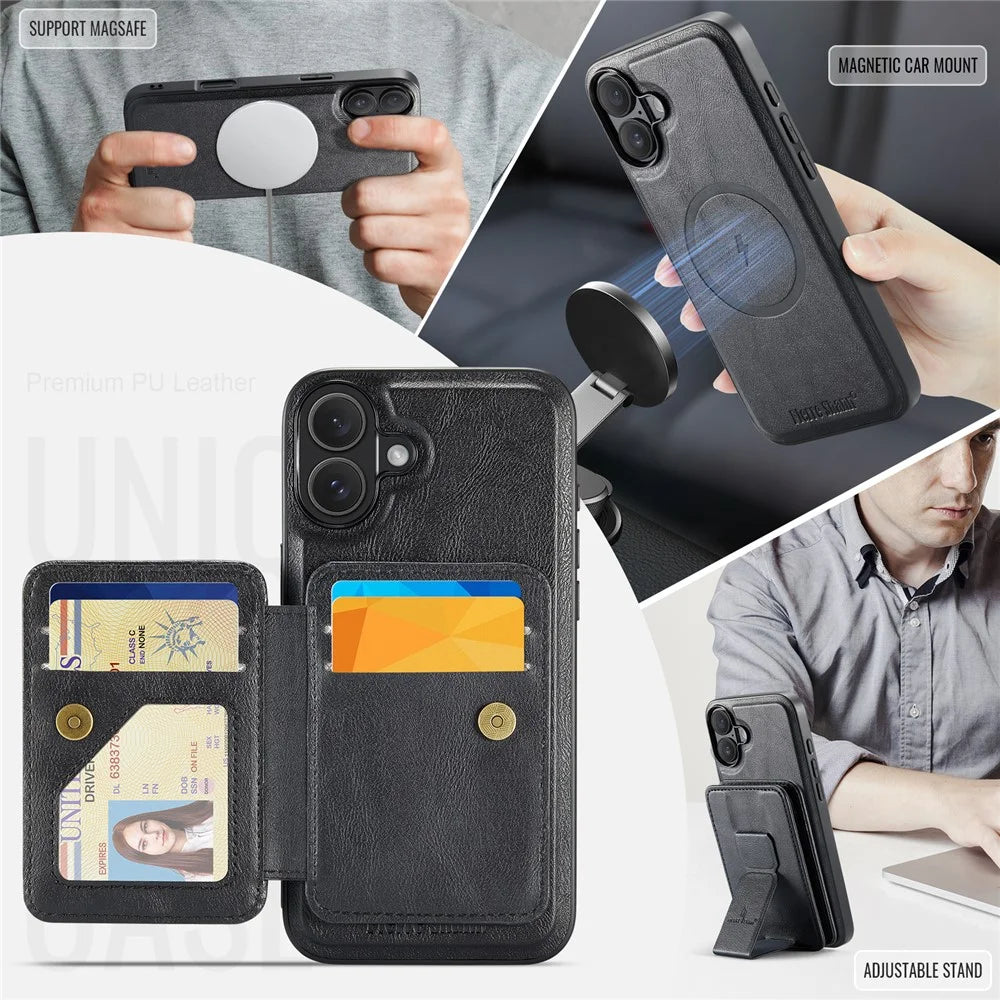 FIERRE SHANN 028 For iPhone 16 Plus Case Magnetic Detachable Card Slots Leather Back Cover - Black - 7