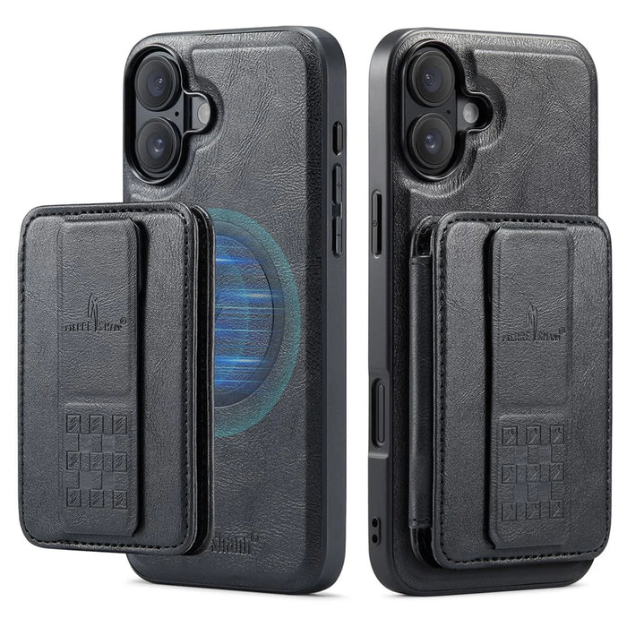 FIERRE SHANN 028 For iPhone 16 Case Magnetic Detachable Card Slots Leather Back Cover - Black - 1