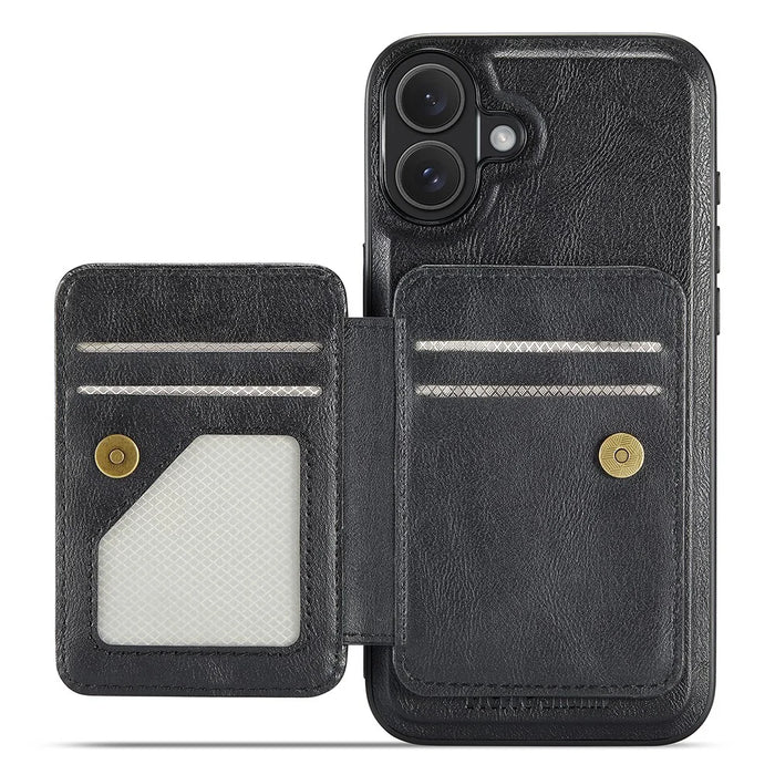 FIERRE SHANN 028 For iPhone 16 Case Magnetic Detachable Card Slots Leather Back Cover - Black - 3