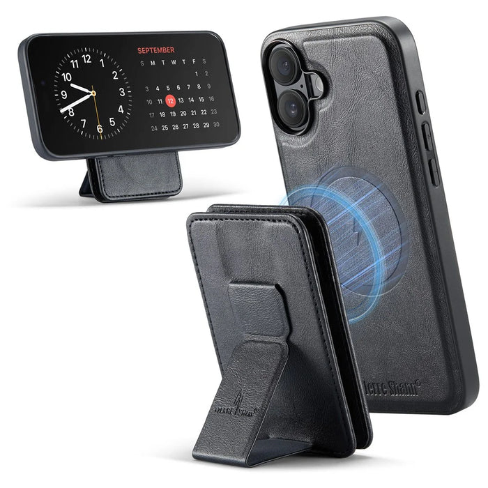FIERRE SHANN 028 For iPhone 16 Case Magnetic Detachable Card Slots Leather Back Cover - Black - 5