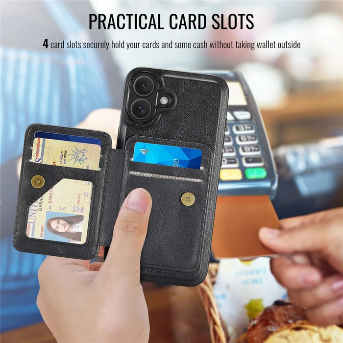 FIERRE SHANN 028 For iPhone 16 Case Magnetic Detachable Card Slots Leather Back Cover - Black - 6