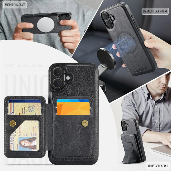 FIERRE SHANN 028 For iPhone 16 Case Magnetic Detachable Card Slots Leather Back Cover - Black - 7