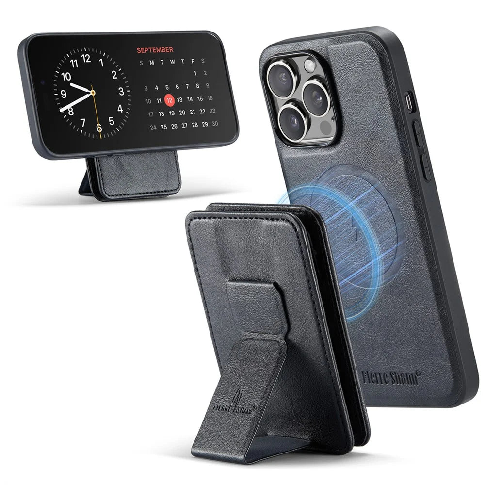 FIERRE SHANN 028 For iPhone 16 Pro Case Magnetic Detachable Card Slots Leather Back Cover - Black - 2