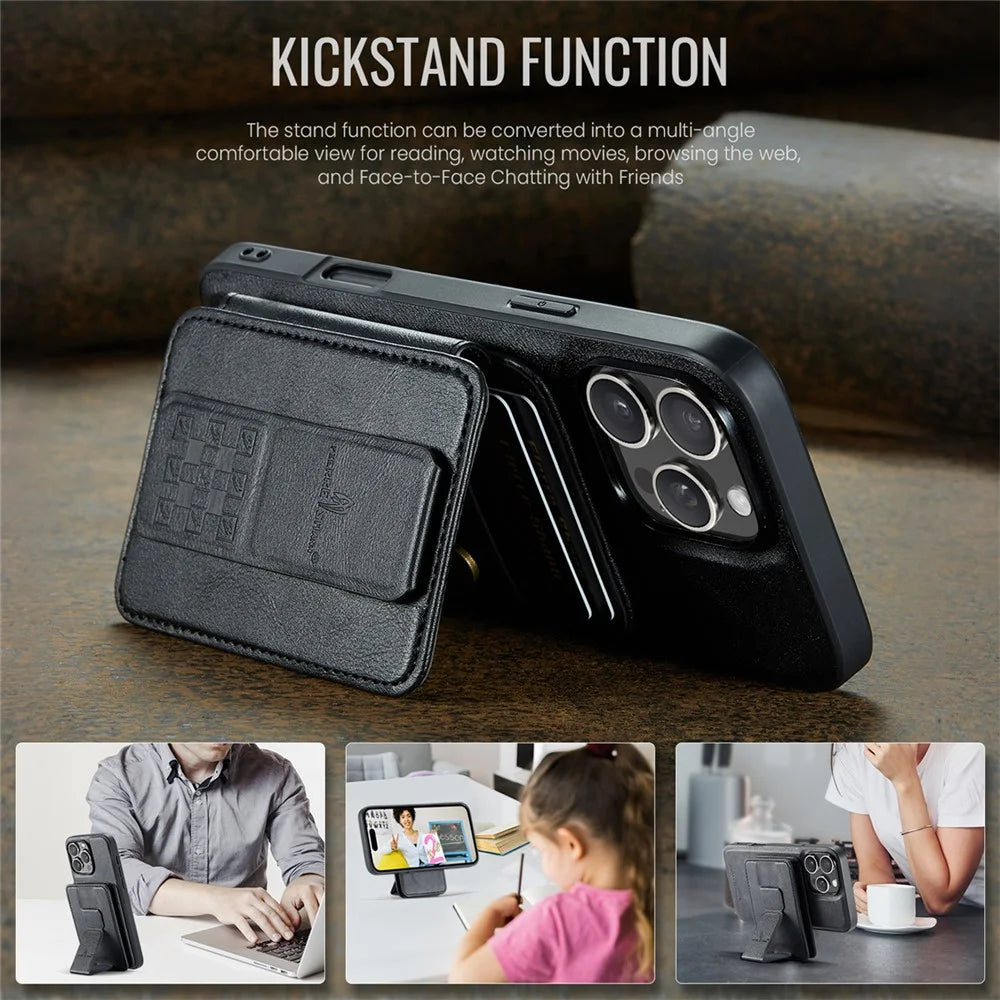 FIERRE SHANN 028 For iPhone 16 Pro Case Magnetic Detachable Card Slots Leather Back Cover - Black - 5