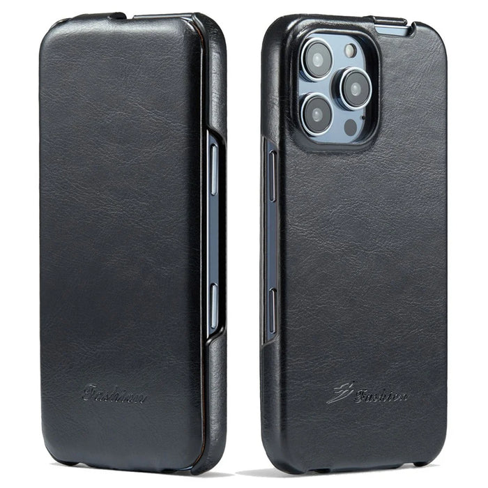 For iPhone 16 Pro Max Case Vertical Flip Leather Crazy Horse Texture Phone Cover - Black - 1