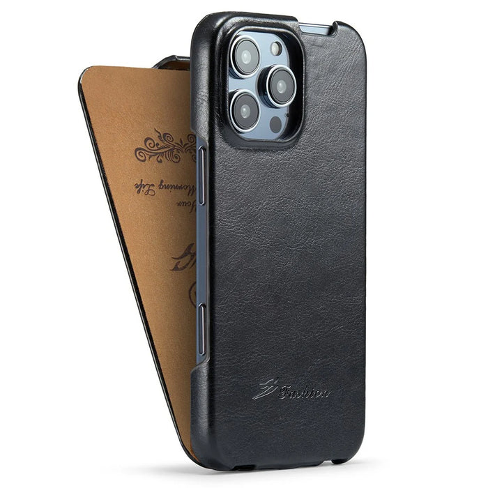 For iPhone 16 Pro Max Case Vertical Flip Leather Crazy Horse Texture Phone Cover - Black - 2