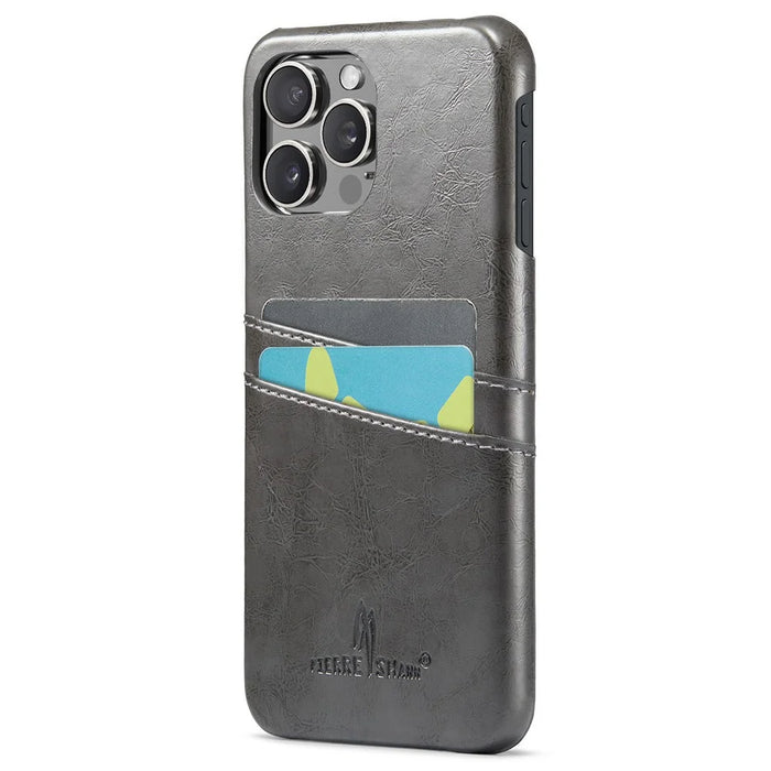 FIERRE SHANN For iPhone 16 Pro Max Case Waxy PU Leather+PC Card Holder Phone Cover - Grey - 1