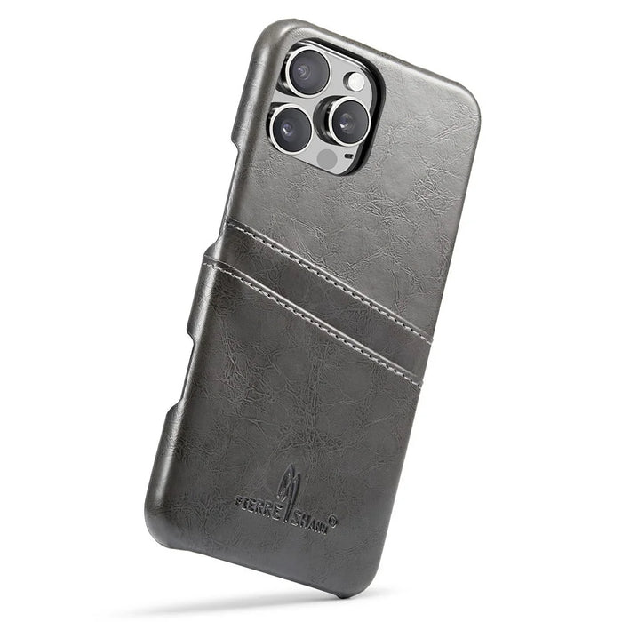 FIERRE SHANN For iPhone 16 Pro Max Case Waxy PU Leather+PC Card Holder Phone Cover - Grey - 3