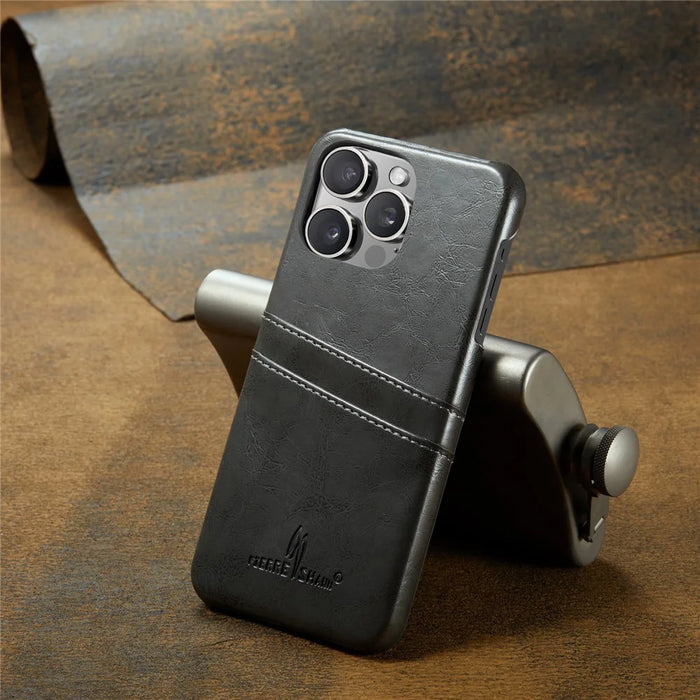 FIERRE SHANN For iPhone 16 Pro Max Case Waxy PU Leather+PC Card Holder Phone Cover - Grey - 5