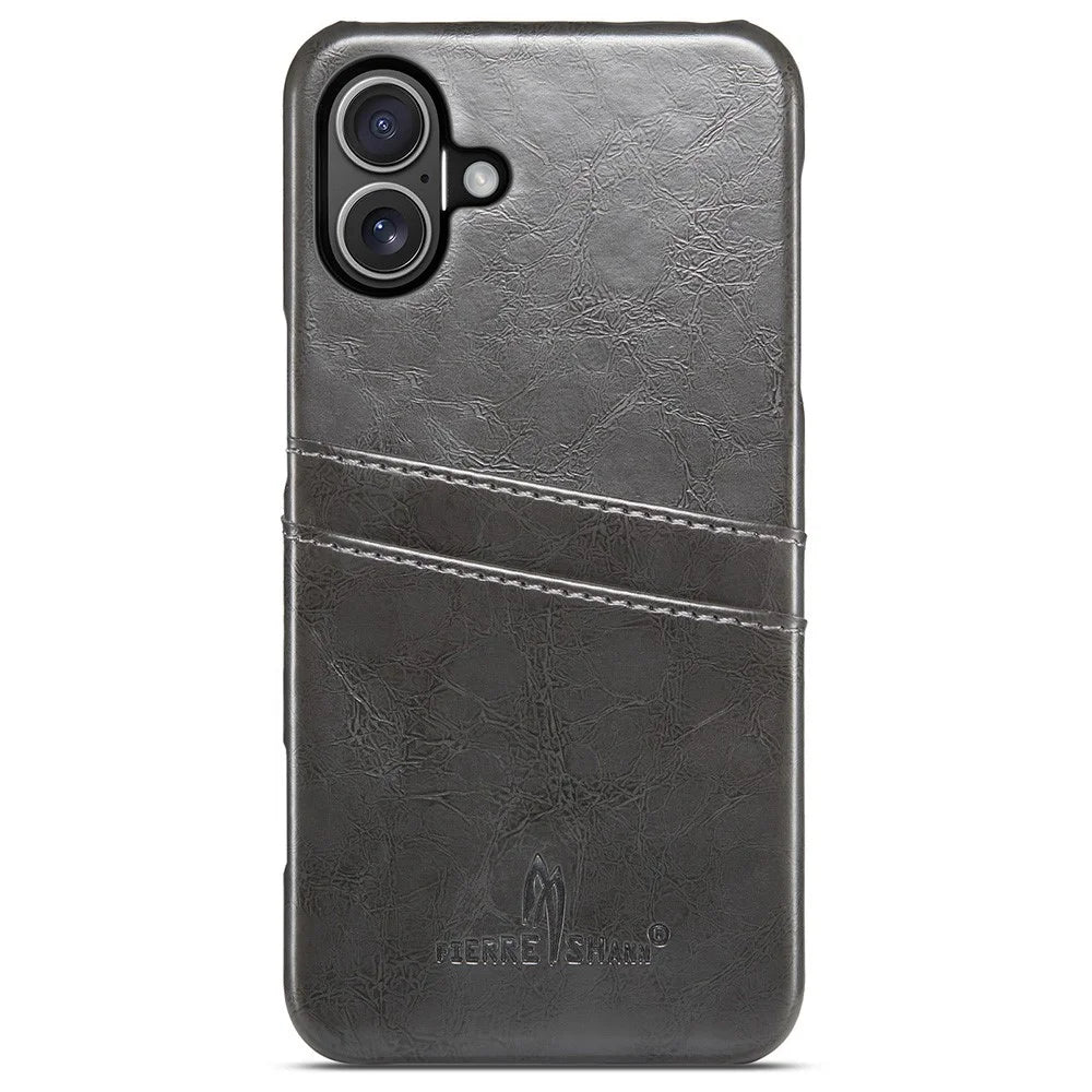 FIERRE SHANN For iPhone 16 Plus Case Waxy PU Leather+PC Card Holder Phone Cover - Grey - 2