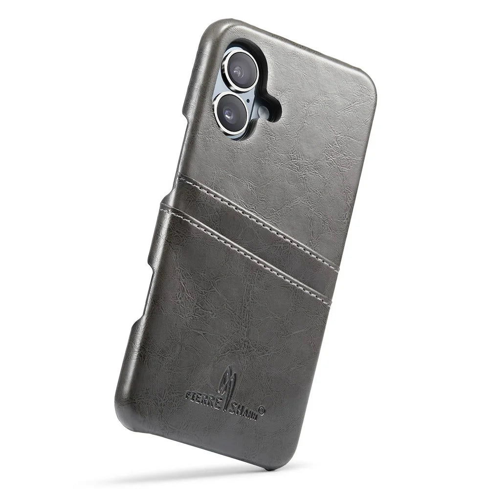 FIERRE SHANN For iPhone 16 Plus Case Waxy PU Leather+PC Card Holder Phone Cover - Grey - 3