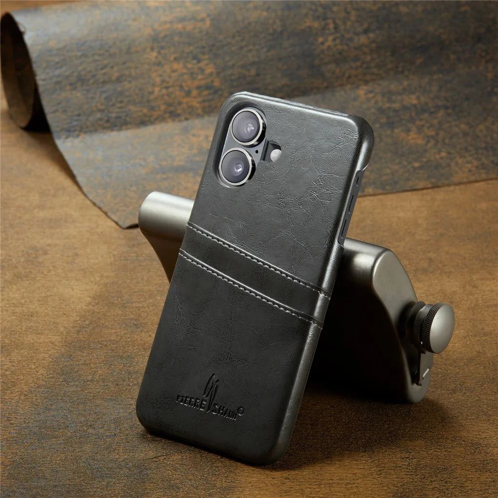 FIERRE SHANN For iPhone 16 Plus Case Waxy PU Leather+PC Card Holder Phone Cover - Grey - 5