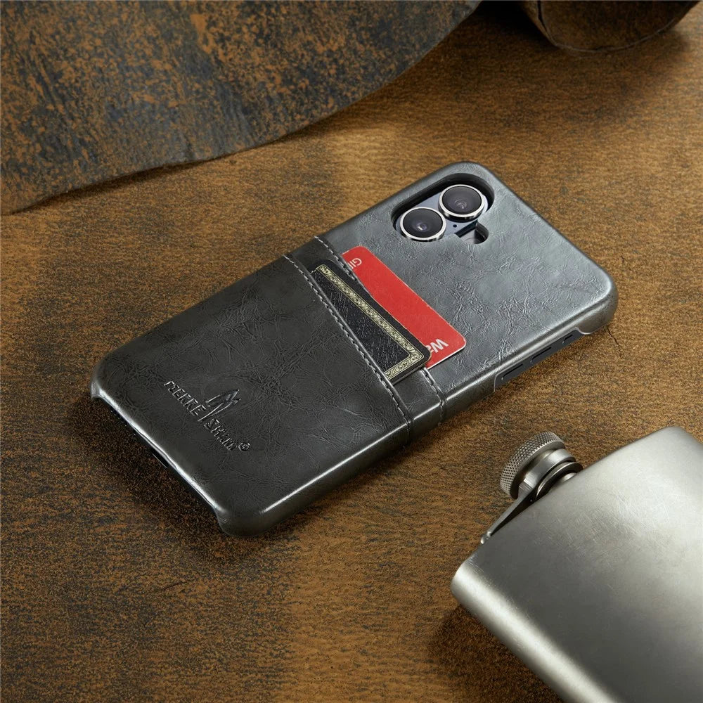 FIERRE SHANN For iPhone 16 Plus Case Waxy PU Leather+PC Card Holder Phone Cover - Grey - 7