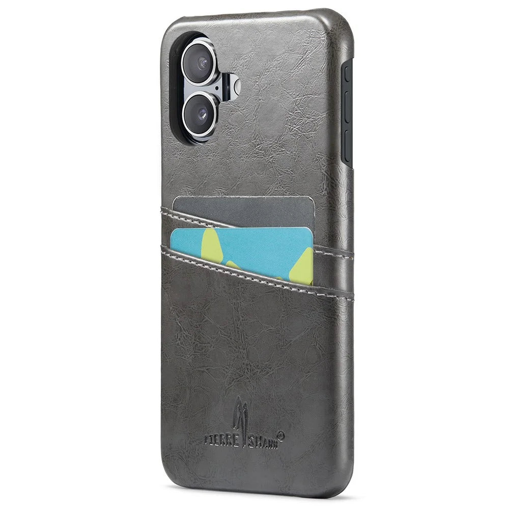 FIERRE SHANN For iPhone 16 Case Waxy PU Leather+PC Card Holder Phone Cover - Grey - 1