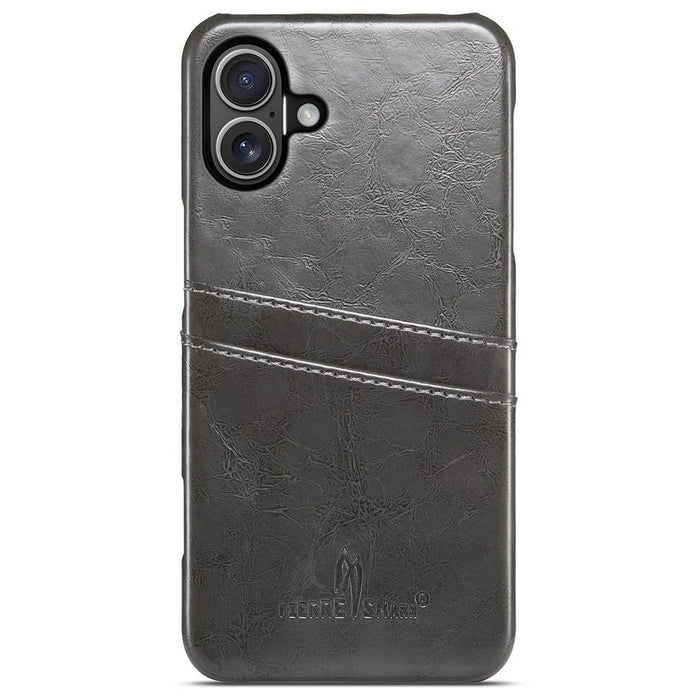 FIERRE SHANN For iPhone 16 Case Waxy PU Leather+PC Card Holder Phone Cover - Grey - 2