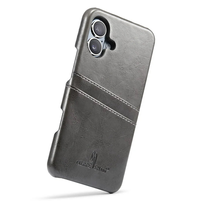 FIERRE SHANN For iPhone 16 Case Waxy PU Leather+PC Card Holder Phone Cover - Grey - 3