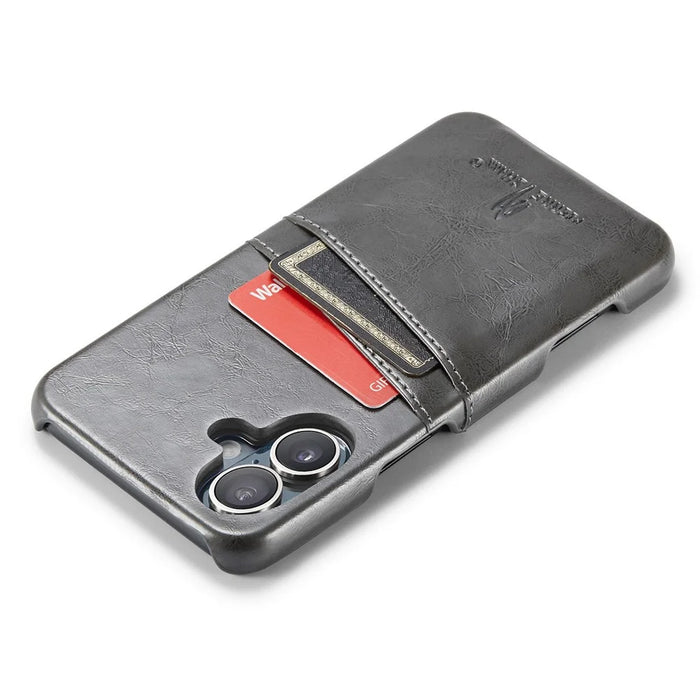 FIERRE SHANN For iPhone 16 Case Waxy PU Leather+PC Card Holder Phone Cover - Grey - 4