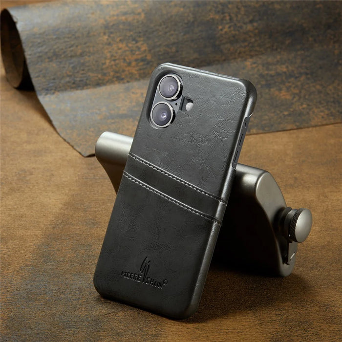 FIERRE SHANN For iPhone 16 Case Waxy PU Leather+PC Card Holder Phone Cover - Grey - 5