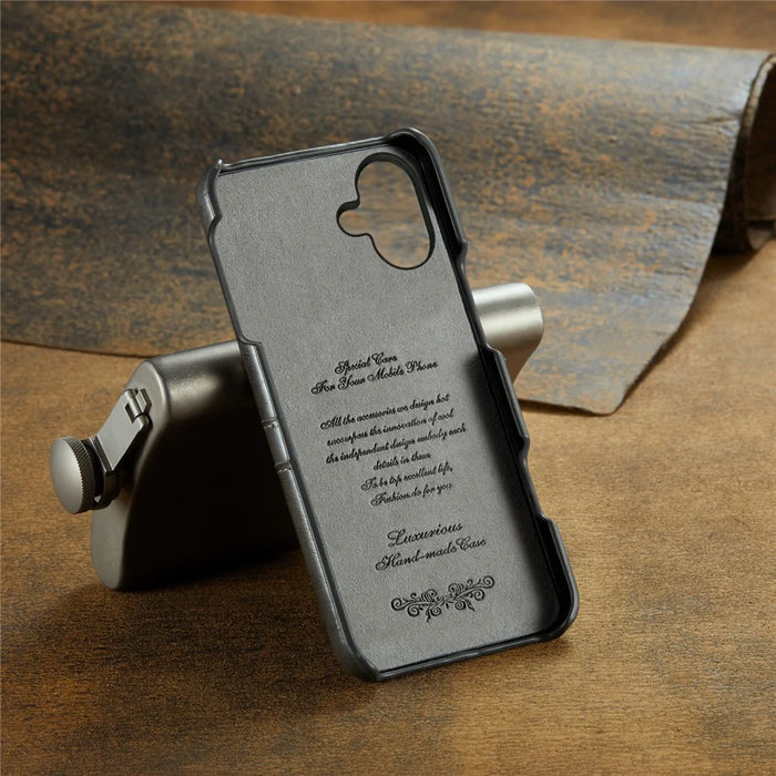 FIERRE SHANN For iPhone 16 Case Waxy PU Leather+PC Card Holder Phone Cover - Grey - 6