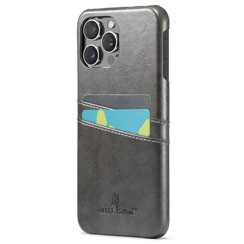FIERRE SHANN For iPhone 16 Pro Case Waxy PU Leather+PC Card Holder Phone Cover - Grey - 1