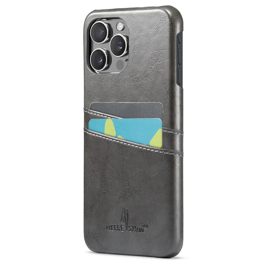 FIERRE SHANN For iPhone 16 Pro Case Waxy PU Leather+PC Card Holder Phone Cover - Grey - 1