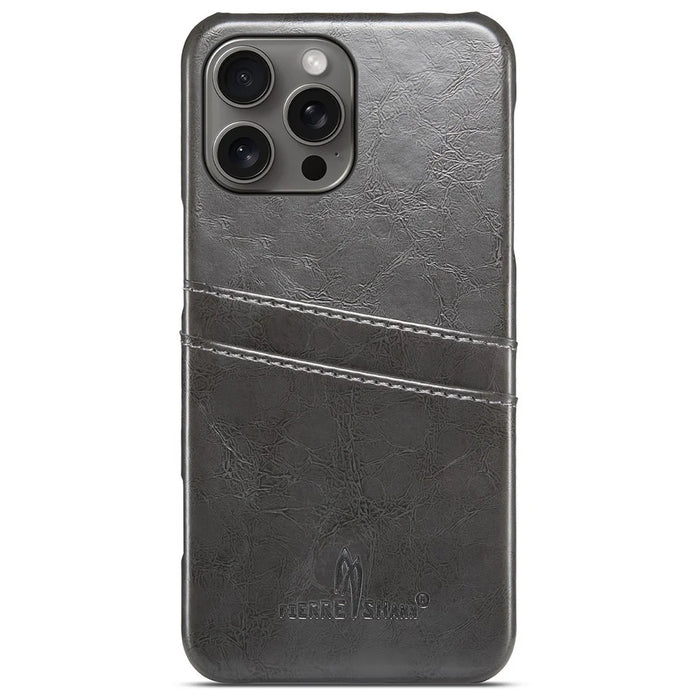 FIERRE SHANN For iPhone 16 Pro Case Waxy PU Leather+PC Card Holder Phone Cover - Grey - 2