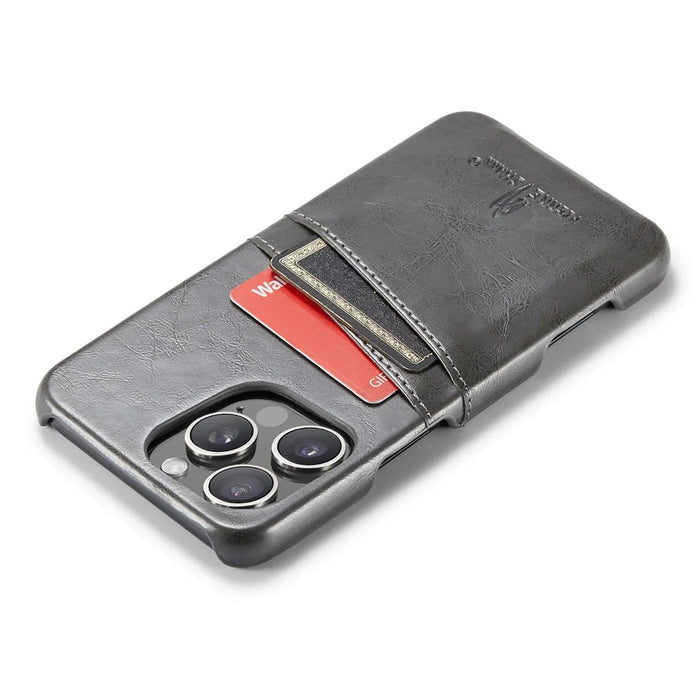 FIERRE SHANN For iPhone 16 Pro Case Waxy PU Leather+PC Card Holder Phone Cover - Grey - 4