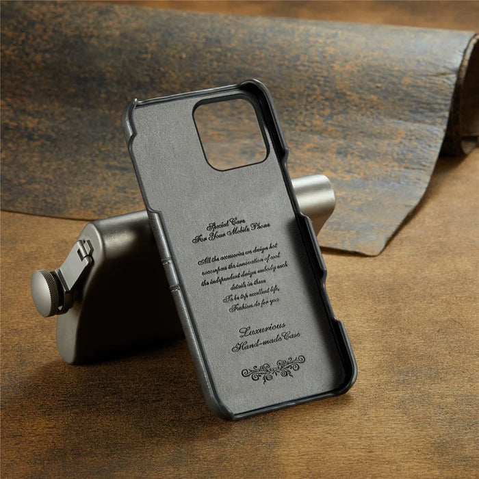 FIERRE SHANN For iPhone 16 Pro Case Waxy PU Leather+PC Card Holder Phone Cover - Grey - 6