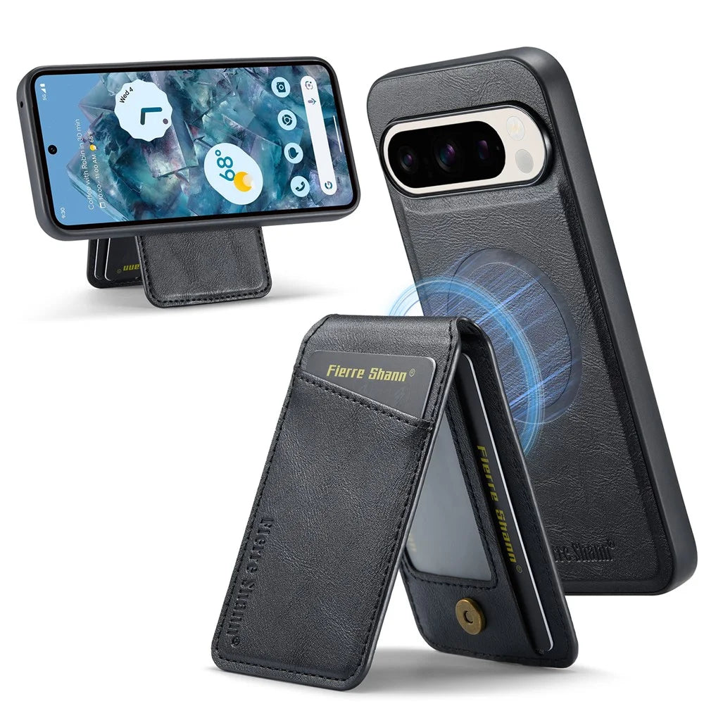 FIERRE SHANN 025 Style For Google Pixel 9 Pro XL Case Leather+TPU Detachable Card Slots Phone Cover - Black - 1