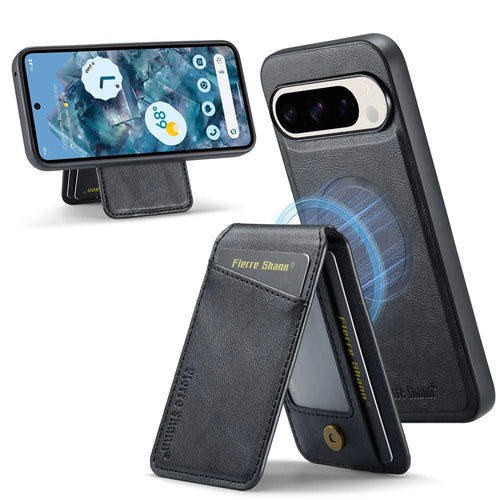 FIERRE SHANN 025 Style For Google Pixel 9 Pro XL Case Leather+TPU Detachable Card Slots Phone Cover - Black - 1