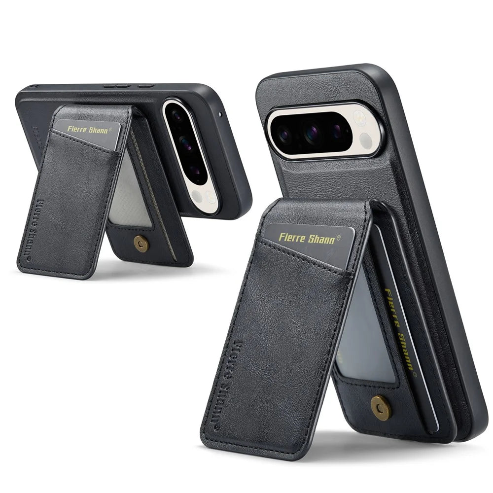 FIERRE SHANN 025 Style For Google Pixel 9 Pro XL Case Leather+TPU Detachable Card Slots Phone Cover - Black - 2