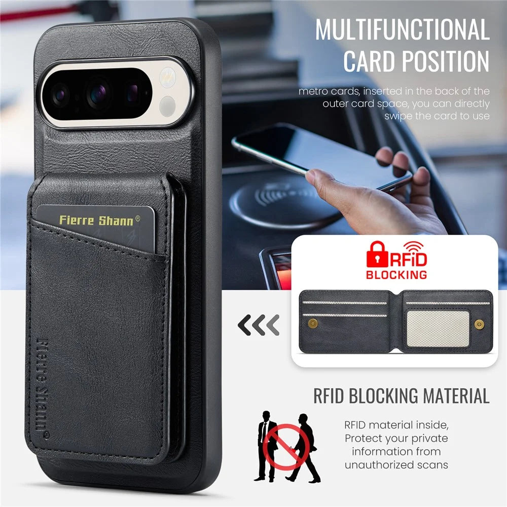 FIERRE SHANN 025 Style For Google Pixel 9 Pro XL Case Leather+TPU Detachable Card Slots Phone Cover - Black - 6