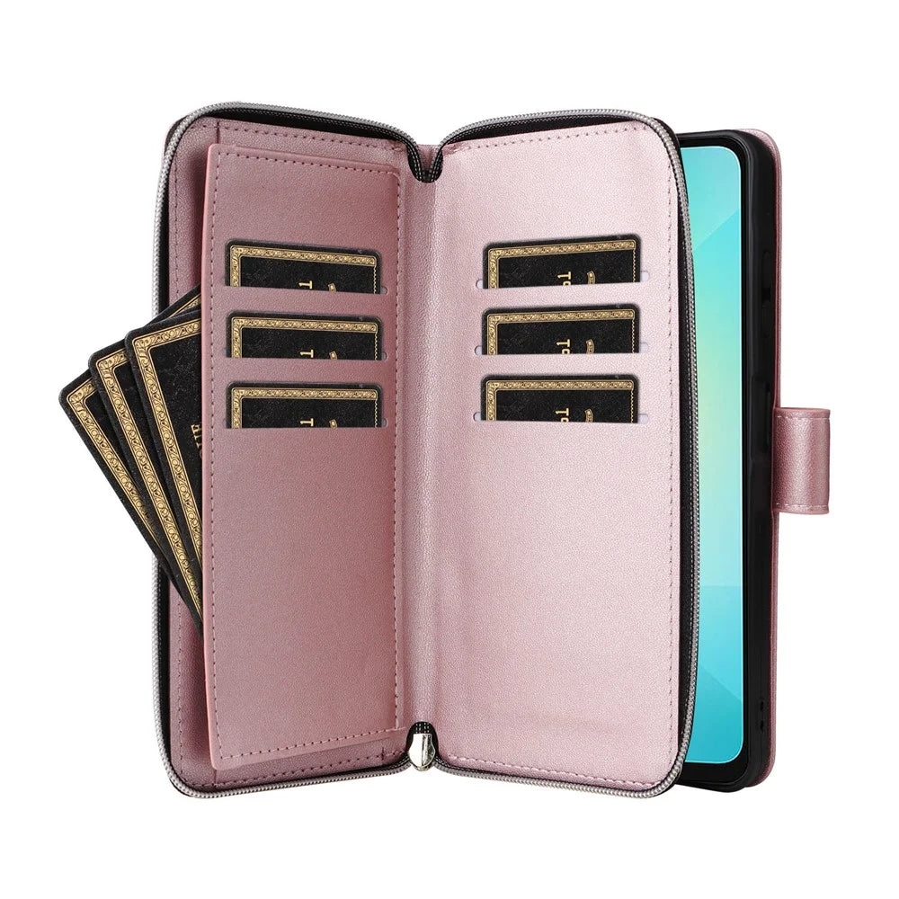 R20 For Samsung Galaxy A06 4G Case Zipper Pocket PU Leather Cover with 9 Card Slots - Rose Gold - 2