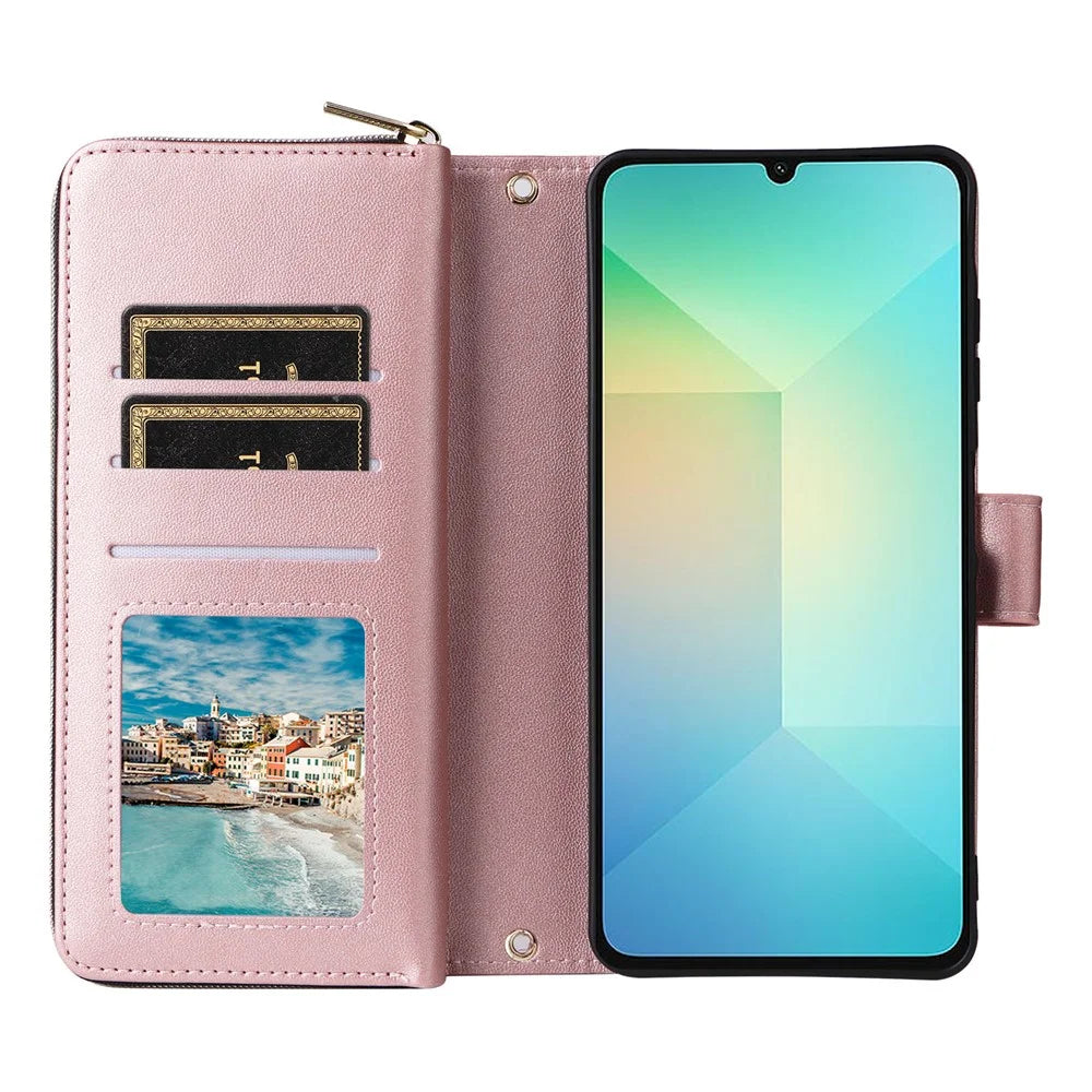 R20 For Samsung Galaxy A06 4G Case Zipper Pocket PU Leather Cover with 9 Card Slots - Rose Gold - 3