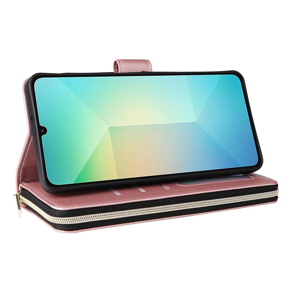 R20 For Samsung Galaxy A06 4G Case Zipper Pocket PU Leather Cover with 9 Card Slots - Rose Gold - 4