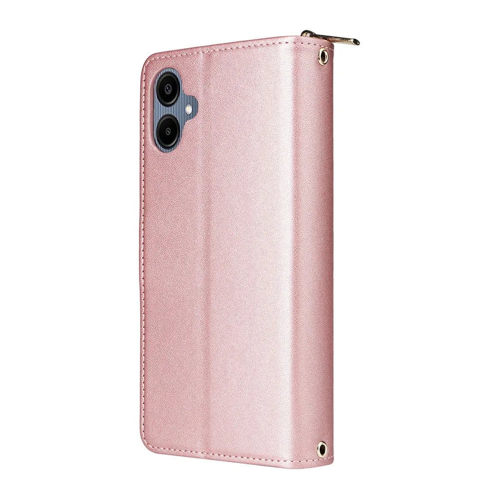 R20 For Samsung Galaxy A06 4G Case Zipper Pocket PU Leather Cover with 9 Card Slots - Rose Gold - 6