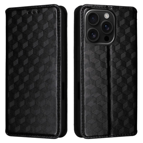 For iPhone 16 Pro Max Wallet Case Rhombus Imprinted Leather Phone Cover - Black - 1