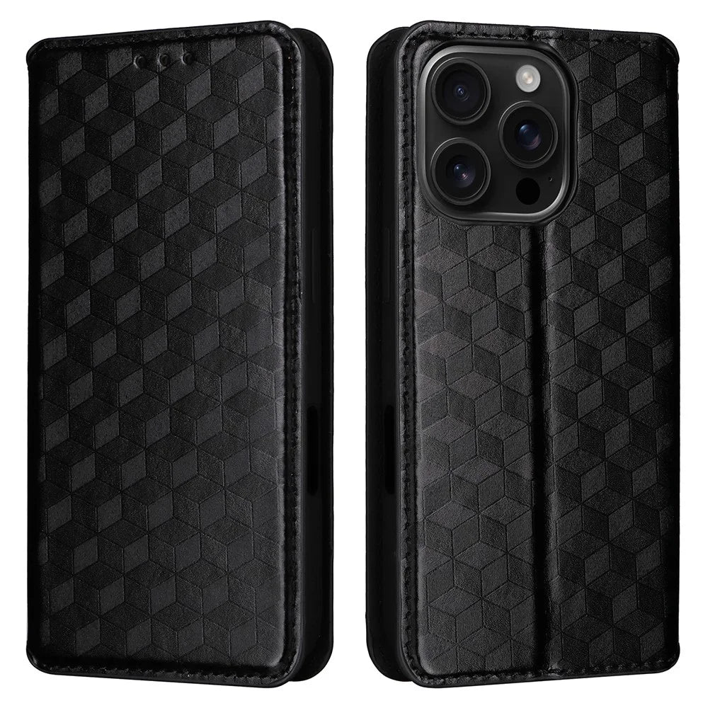 For iPhone 16 Pro Max Wallet Case Rhombus Imprinted Leather Phone Cover - Black - 1