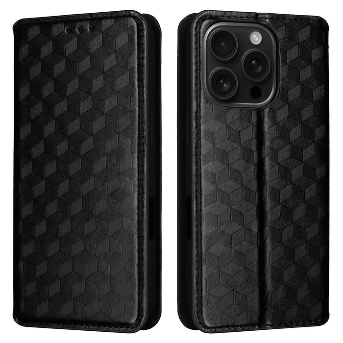 For iPhone 16 Pro Max Wallet Case Rhombus Imprinted Leather Phone Cover - Black - 1