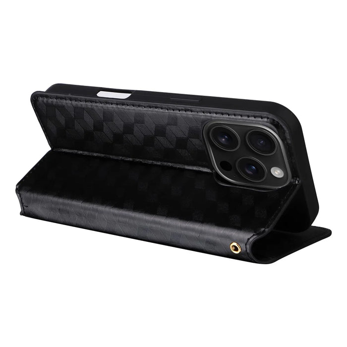 For iPhone 16 Pro Max Wallet Case Rhombus Imprinted Leather Phone Cover - Black - 4