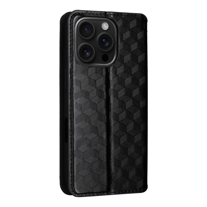 For iPhone 16 Pro Max Wallet Case Rhombus Imprinted Leather Phone Cover - Black - 6