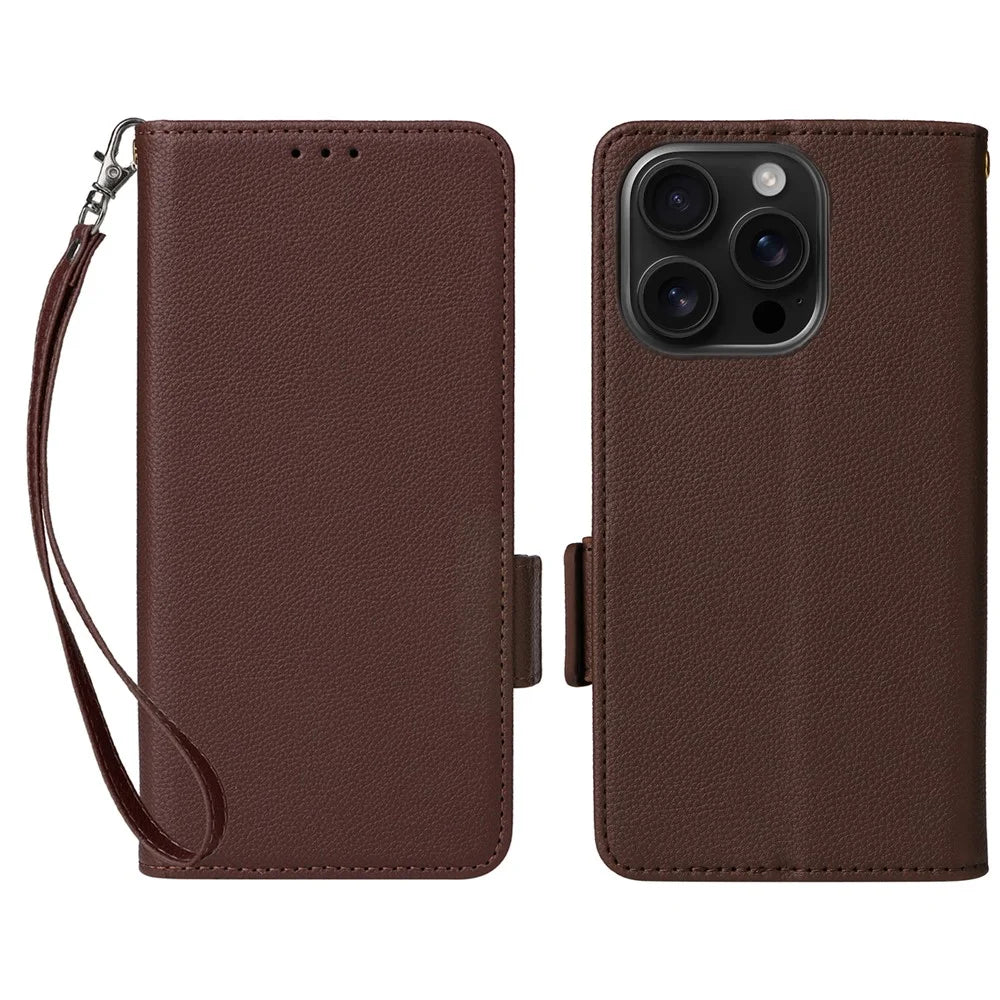 For iPhone 16 Pro Max Case with Wrist Strap Litchi Texture PU Leather Wallet Phone Cover - Brown - 1
