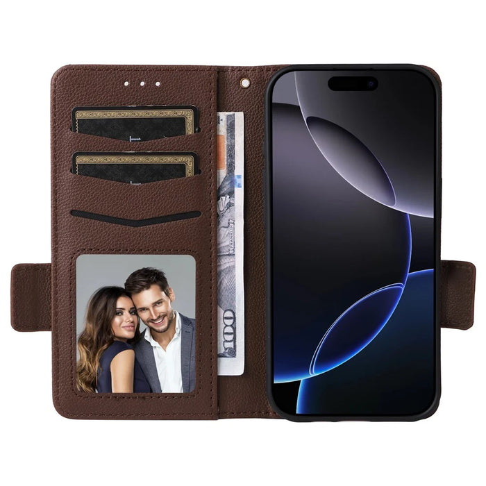 For iPhone 16 Pro Max Case with Wrist Strap Litchi Texture PU Leather Wallet Phone Cover - Brown - 2