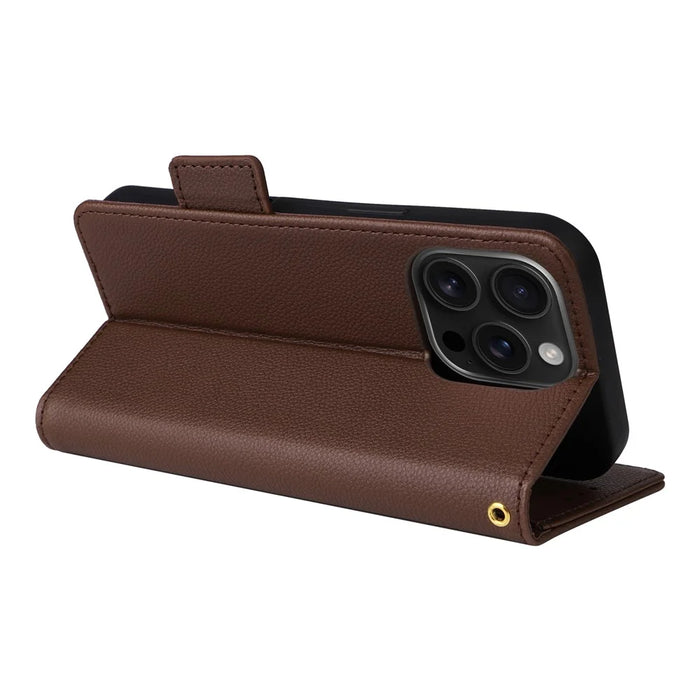 For iPhone 16 Pro Max Case with Wrist Strap Litchi Texture PU Leather Wallet Phone Cover - Brown - 4