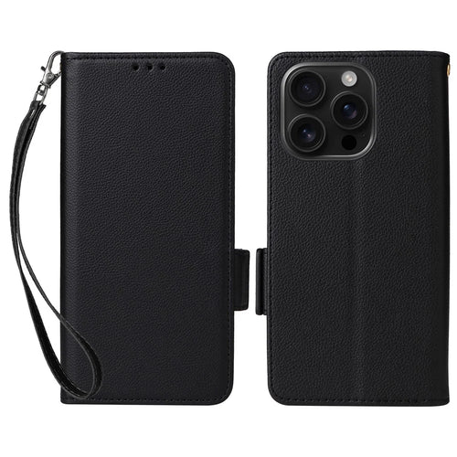 For iPhone 16 Pro Case with Wrist Strap Litchi Texture PU Leather Wallet Phone Cover - Black - 1